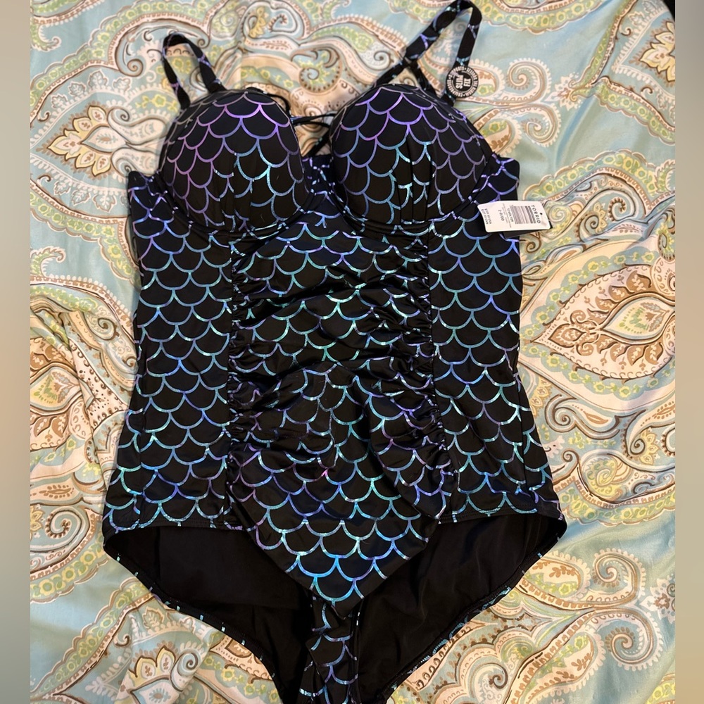 Torrid Black and Purple Mermaid Scale One-Piece Swimsuit